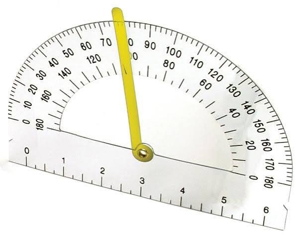 A clear plastic protractor with black degree markings and a yellow center needle, shown on a plain white background.