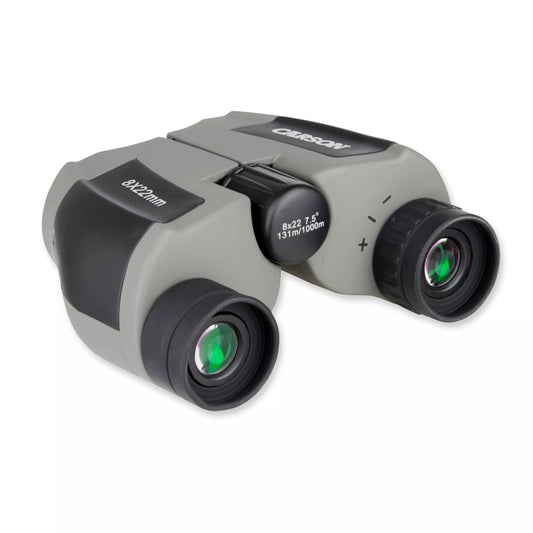 Scout Binoculars with green lenses on a white background
