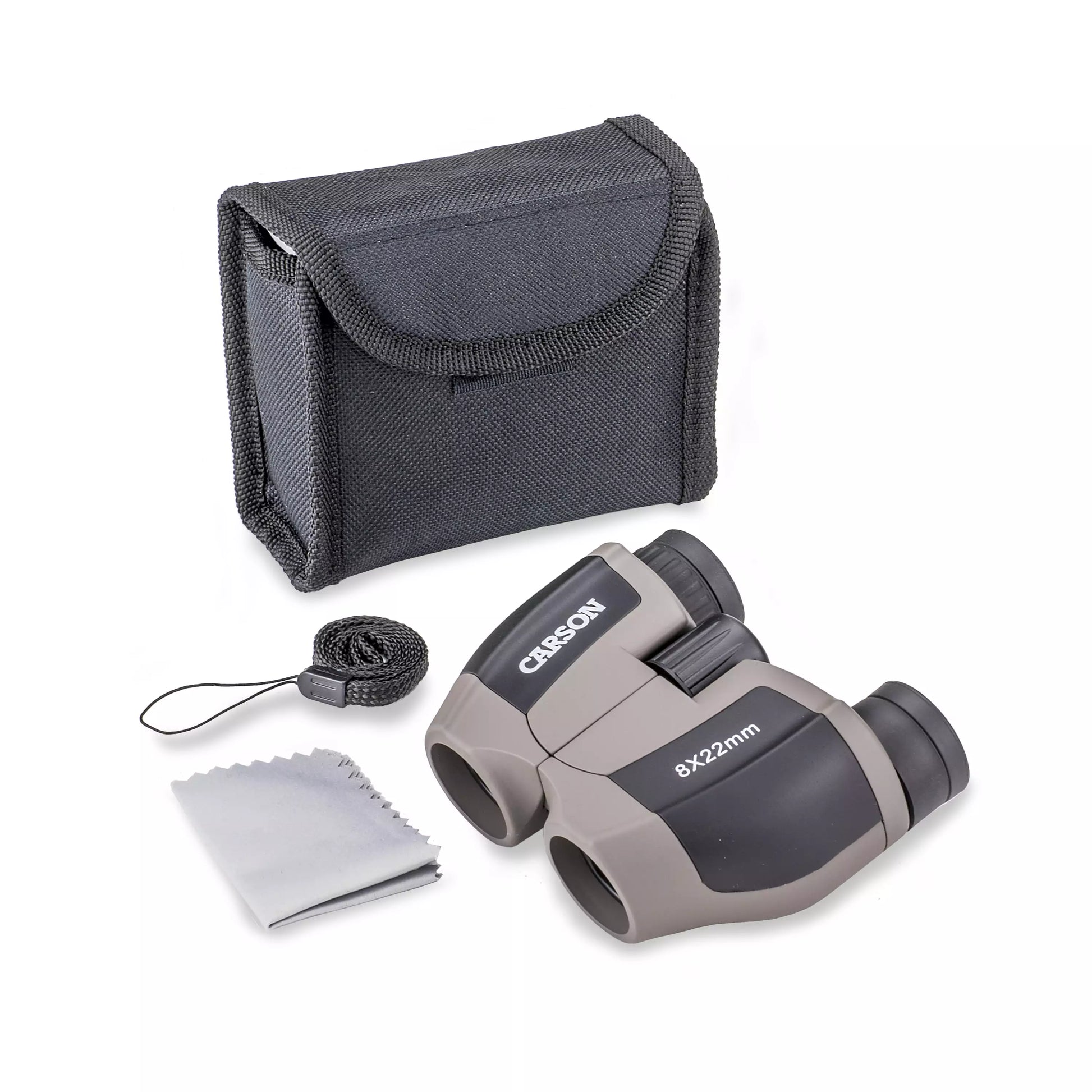 Binoculars with carrying case , strap and cleaning cloth on a white background