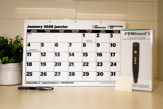 202l Large print calendar, clear bump dots, CNIB Penfriend and pentel pen