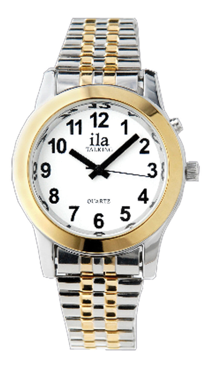 Two-tone watch with silver and gold band on a white background