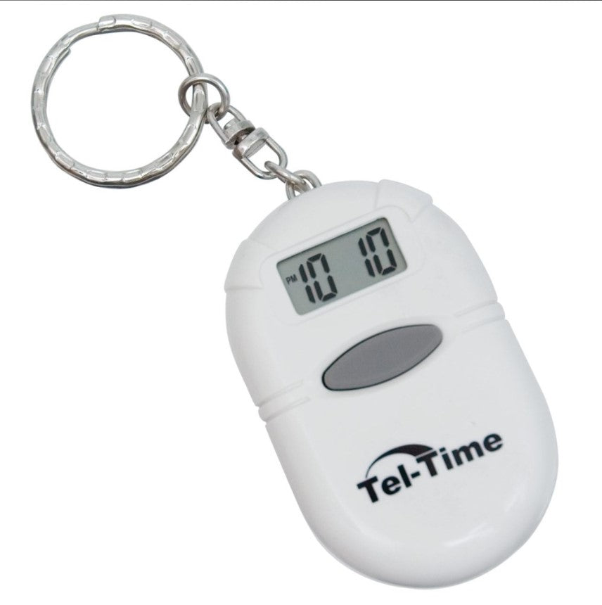 White digital timer keychain with 'Tel-Time' branding on a white background