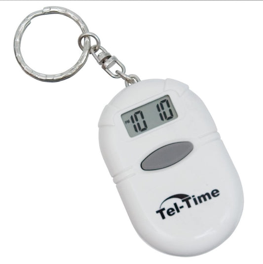 White digital timer keychain with 'Tel-Time' branding on a white background