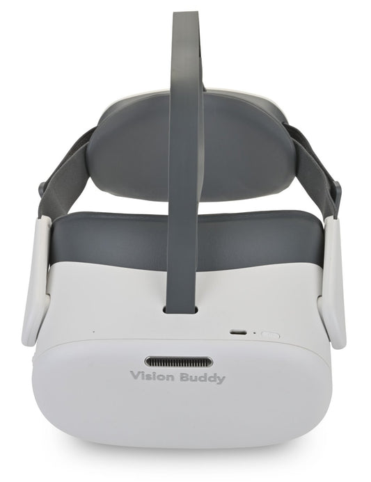 VisionBuddy VB-4 Viewer headset front view showing adjustable head strap and cushioned fit