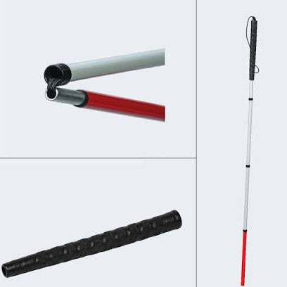 Image a mobility cane folded, the black golf grip and a fully extended cane.
