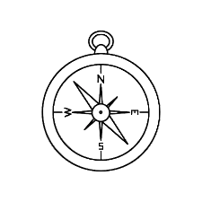 Black and white illustration of a compass 