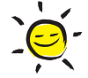 Smiley face sun with a black outline on a white background