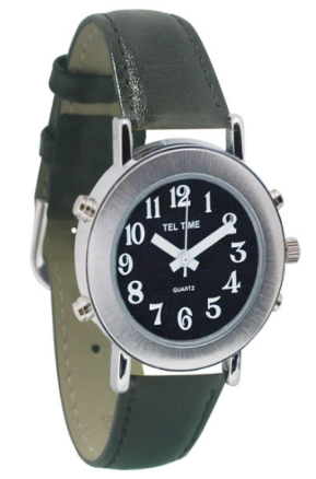 FINAL SALE - Ladies Talk Watch Alarm Blk Face Blk Leather Band - BB