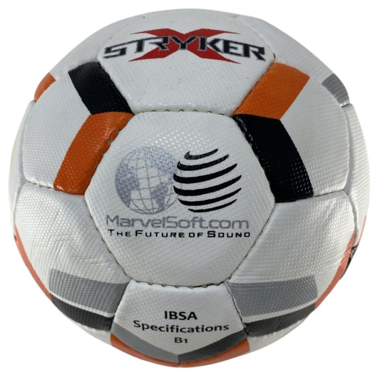 Soccer ball with Stryker, MarvelSoft, and IBSA branding on a white background