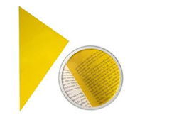 The top right corner of a yellow acetate sheet with a sheet over text within a circle.