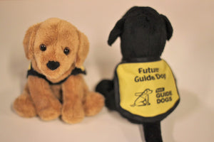 Golden Retriever and Black Labrador Plush CNIB Duide Dog Puppy with Yellow Vest.