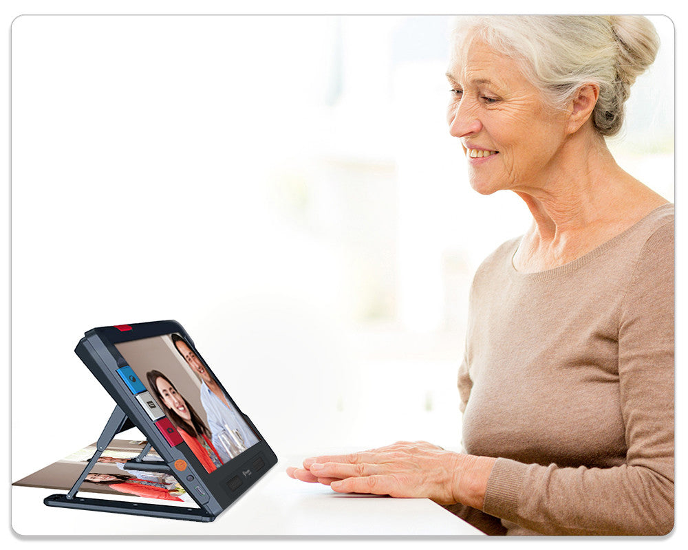 A woman viewing a magnified photo on the Ruby 10