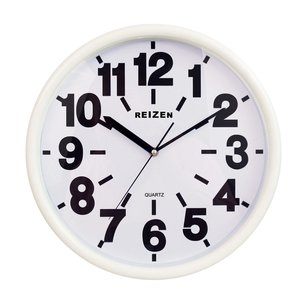 Large 14 inch wall clock with white face and black numerals.