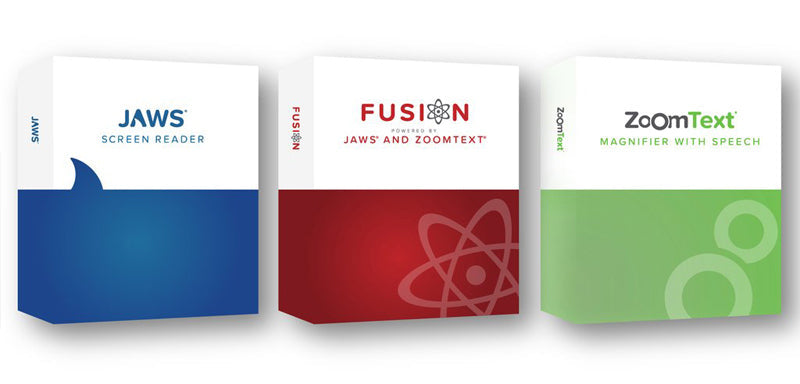 Images of software boxes labelled Jaws, Fusion and ZoomText