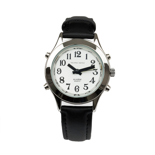 Ladies Talk Watch Alarm-Silver Finish Blk Leather