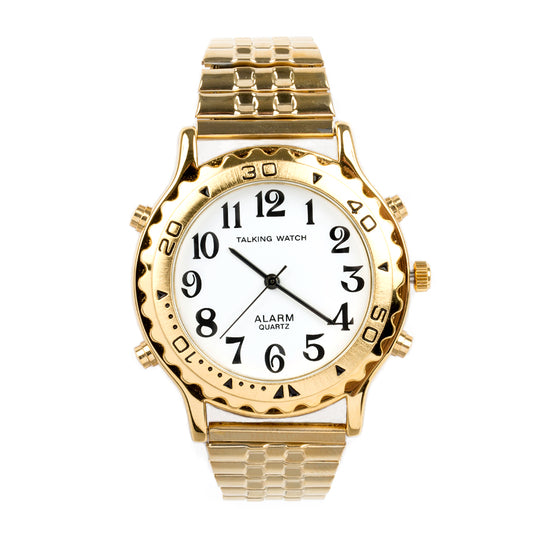 Mens Talk Watch Alarm-Gold Finish Expansion Band