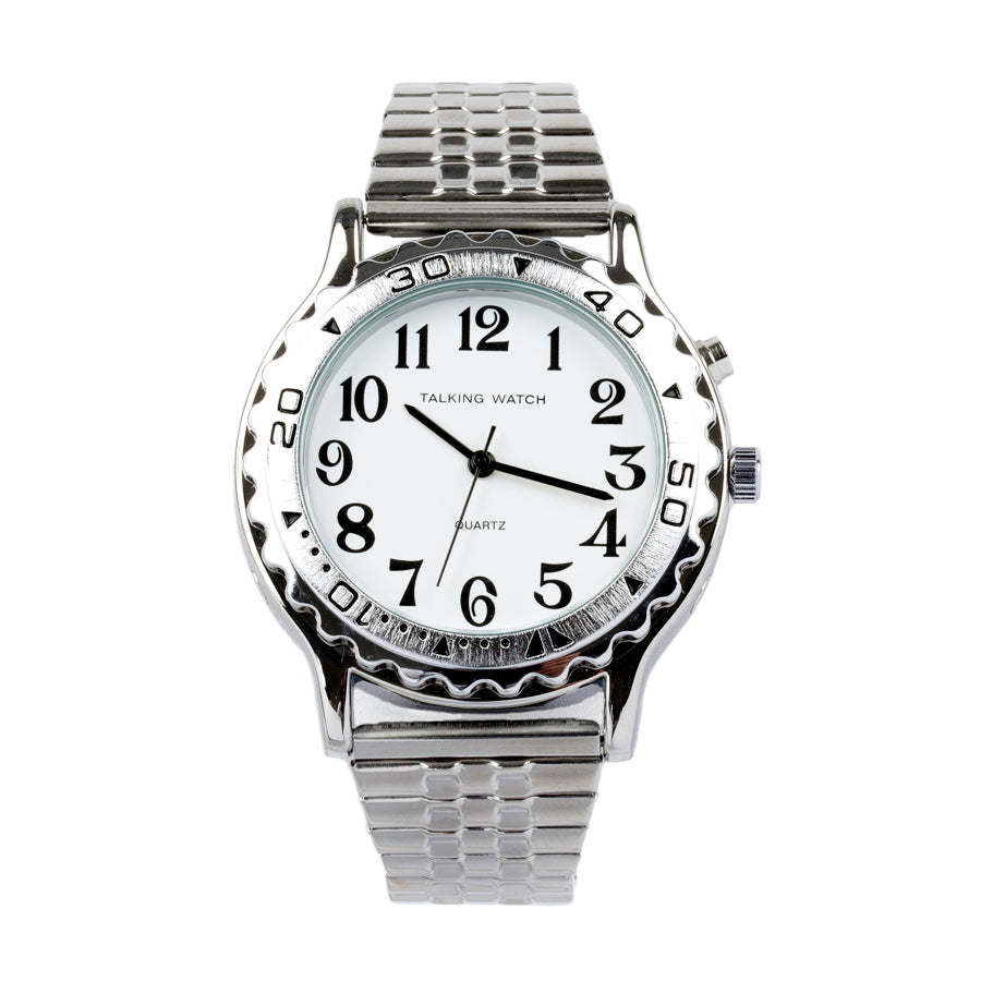 Hommes Parlant Montre Argent Fini Exp Bande 1 Bouton 